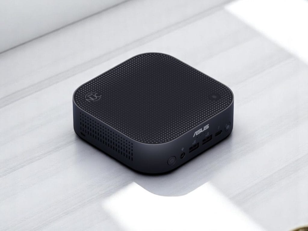 ASUS NUC 14 Pro AI. A compact black ASUS mini PC with USB ports and power button on a light surface