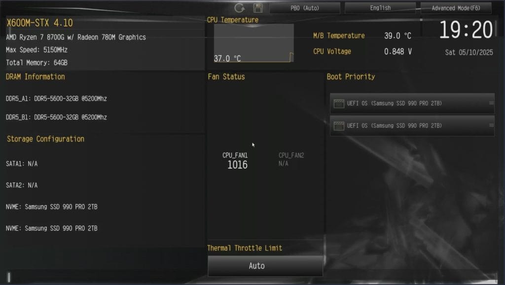 ASRock DeskMini X600. BIOS setup screen showing AMD Ryzen 7 8700G CPU details, DDR5 memory info, Samsung SSD storage, CPU temperature and fan status