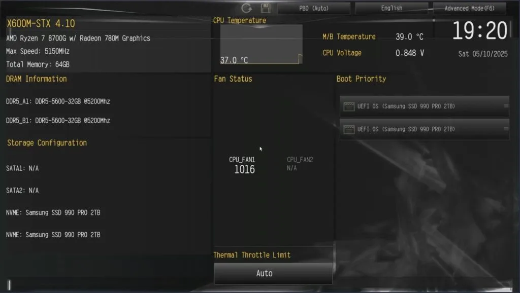 ASRock DeskMini X600. BIOS setup screen showing AMD Ryzen 7 8700G CPU details, DDR5 memory info, Samsung SSD storage, CPU temperature and fan status