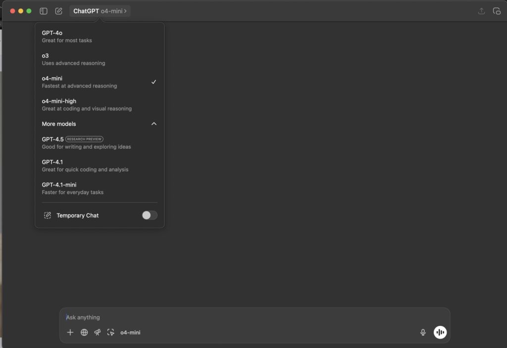 Screenshot of ChatGPT interface showing a dropdown menu with various GPT models including GPT-4o, o3, o4-mini, and new GPT-4.5 research preview