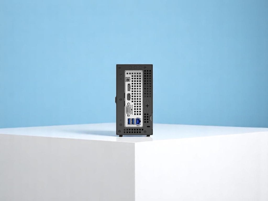 Rear view of a compact DeskMini X600 mini computer showing multiple connectivity ports including HDMI, DisplayPort, USB, Ethernet, and VGA against a blue wall background