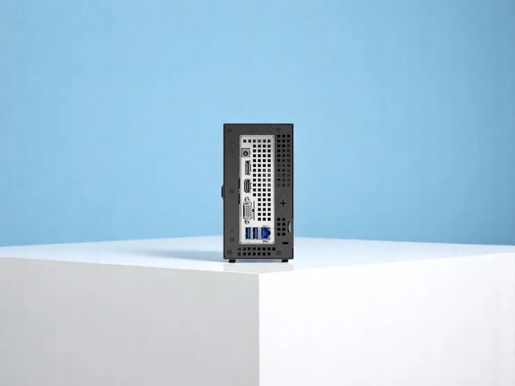 Rear view of a compact DeskMini X600 mini computer showing multiple connectivity ports including HDMI, DisplayPort, USB, Ethernet, and VGA against a blue wall background