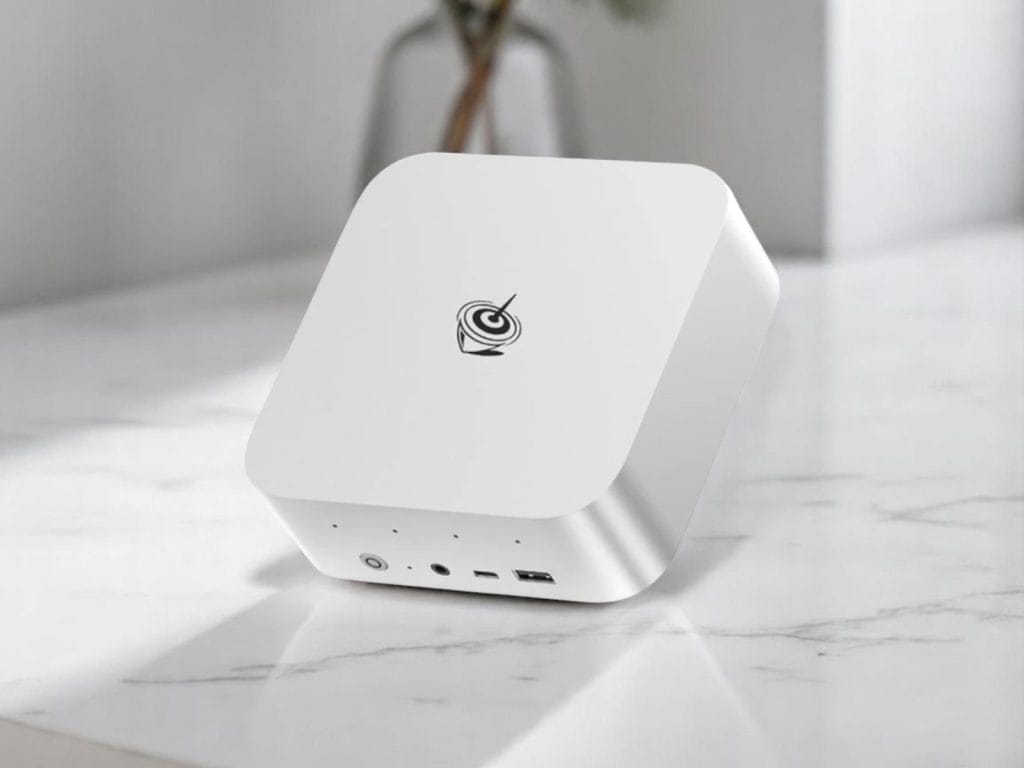 Beelink SER9 HX370. A sleek white portable mini PC or network device on a marble surface, featuring USB ports and power button