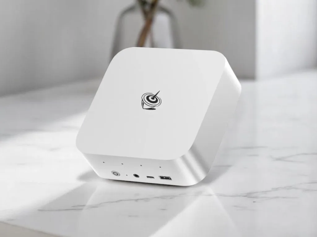 Beelink SER9 HX370. A sleek white portable mini PC or network device on a marble surface, featuring USB ports and power button