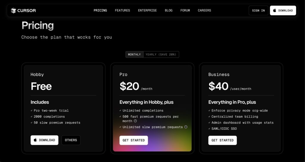 Pricing plans comparison for Cursor software including free Hobby plan, $20 Pro plan with premium requests, and $40 Business plan with advanced features