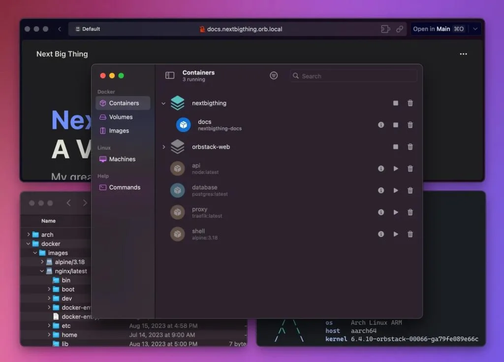 A Mac desktop showing an application window with Docker containers management interface open, displaying running containers nextbigthing, docs, and orbstack-web within a dark-themed UI.