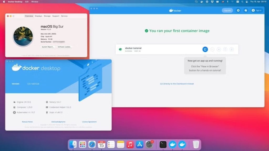 Docker Desktop application running on macOS Big Sur showing container image and system information