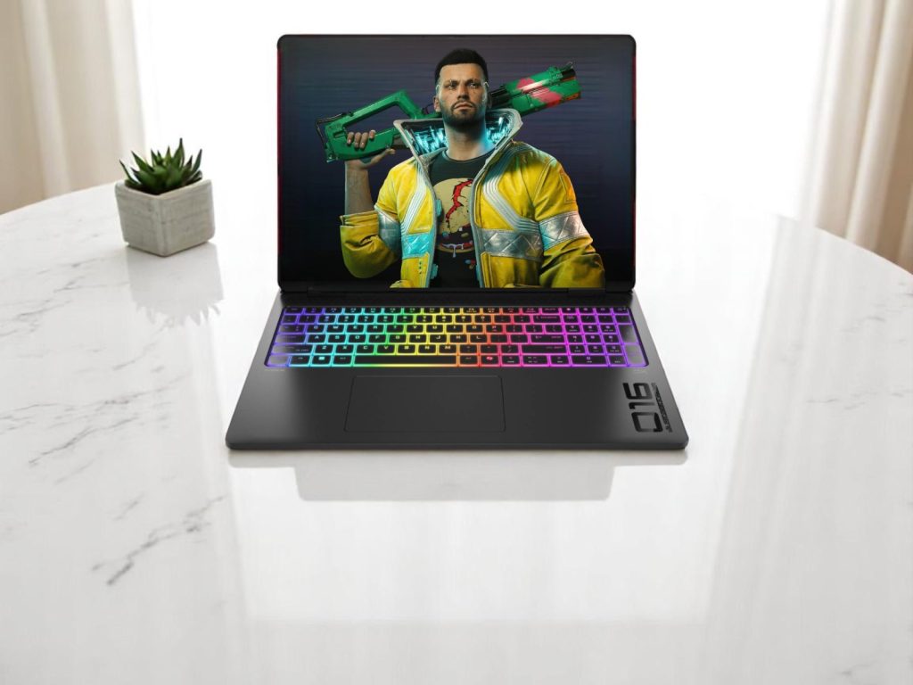 RTX 5080 vs 5090 Laptop. Gaming laptop with RGB backlit keyboard displaying a video game character holding a futuristic weapon
