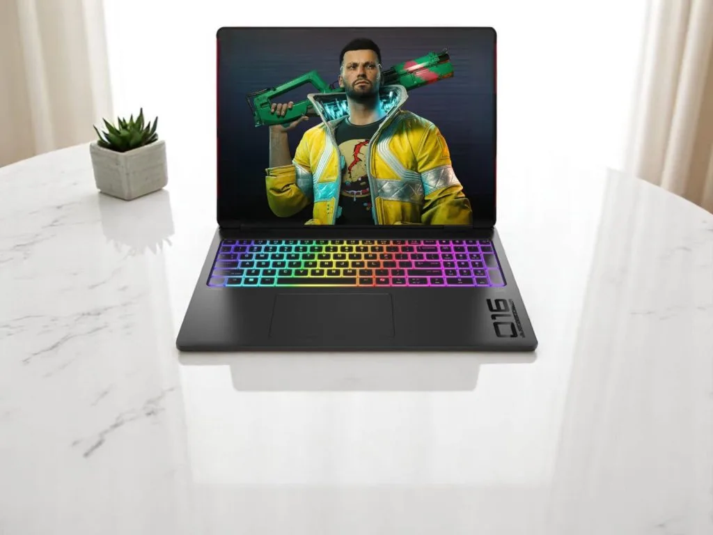 RTX 5080 vs 5090 Laptop. Gaming laptop with RGB backlit keyboard displaying a video game character holding a futuristic weapon