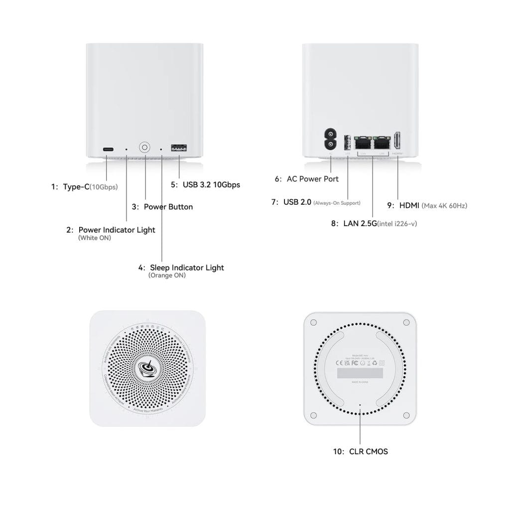 Beelink ME mini NAS. Compact white mini PC device with multiple ports including Type-C, USB 3.2, USB 2.0, HDMI, LAN 2.5G, power button and indicator lights