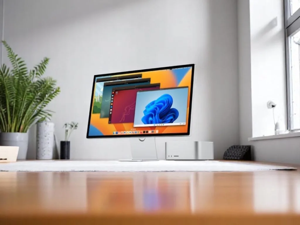 A modern desktop computer setup with a widescreen monitor displaying multiple operating systems on the screen, placed on a wooden desk next to a white computer tower, with indoor plants and a bright window in the background