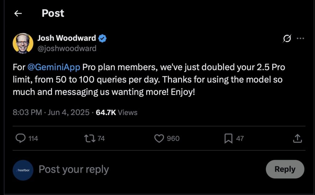 A tweet from Josh Woodward announcing that GeminiApp Pro plan members have their daily queries doubled from 50 to 100