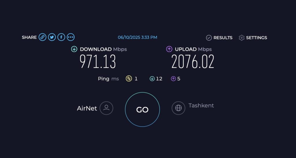 Internet speed test results showing download speed of 971.13 Mbps and upload speed of 2076.02 Mbps from AirNet in Tashkent