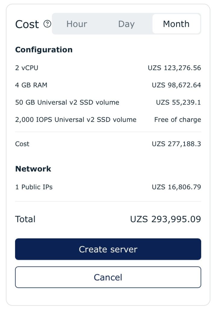Server cost configuration panel showing monthly pricing details for CPU, RAM, SSD storage, IOPS, and public IP with total cost in Uzbekistani som (UZS)