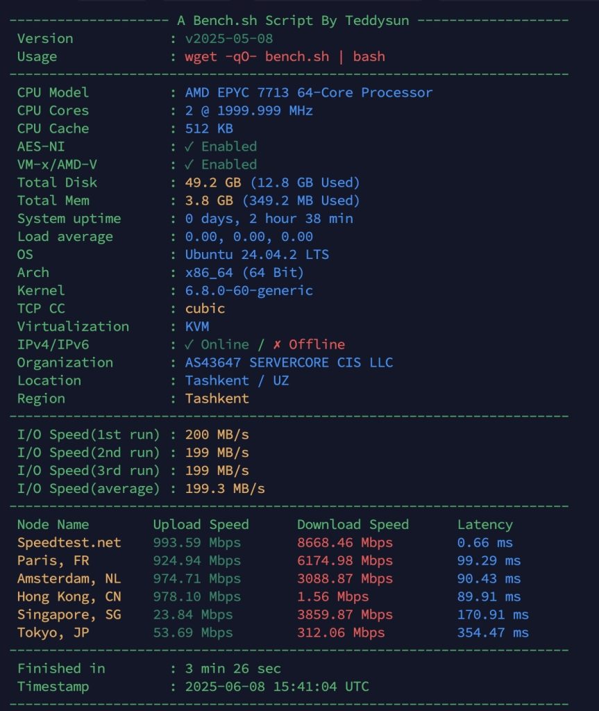 Benchmark results from a shell script showing performance metrics including CPU details, memory, disk usage, and network speed tests from multiple global locations.