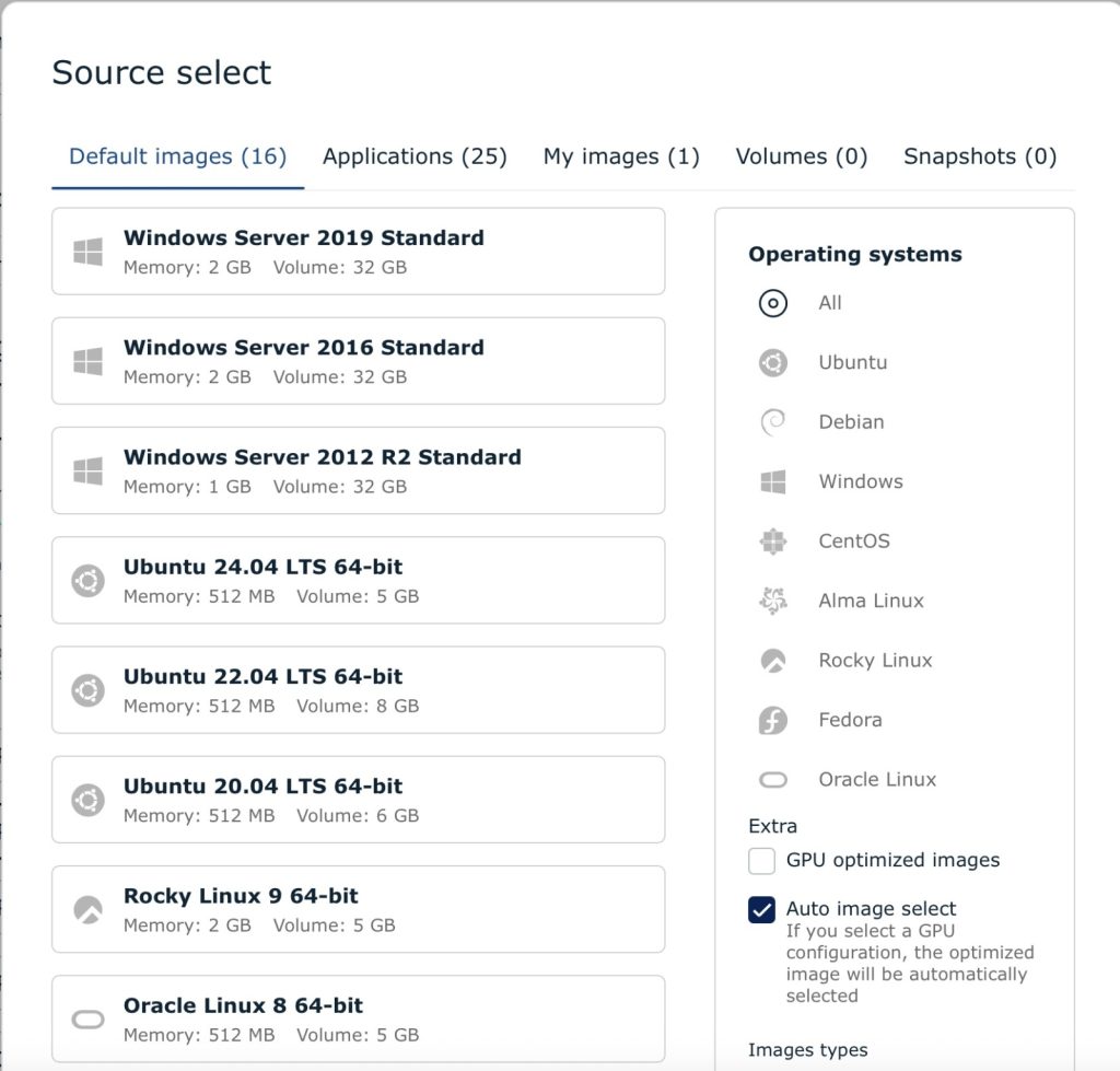 Screen displaying a source select menu for server and Linux operating system images with memory and volume details