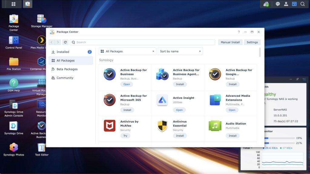 Synology NAS desktop showing Package Center window with options for backup, antivirus, and media extensions