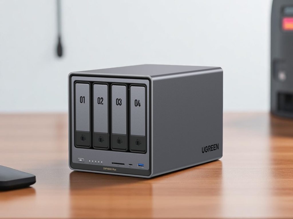 A UGREEN DXP4800 Plus desktop NAS storage device with four drive bays labeled 01 to 04 on a wooden desk.
