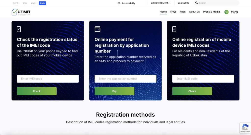 Screenshot of UZIMEI online portal interface showing IMEI code registration, status check, and payment options
