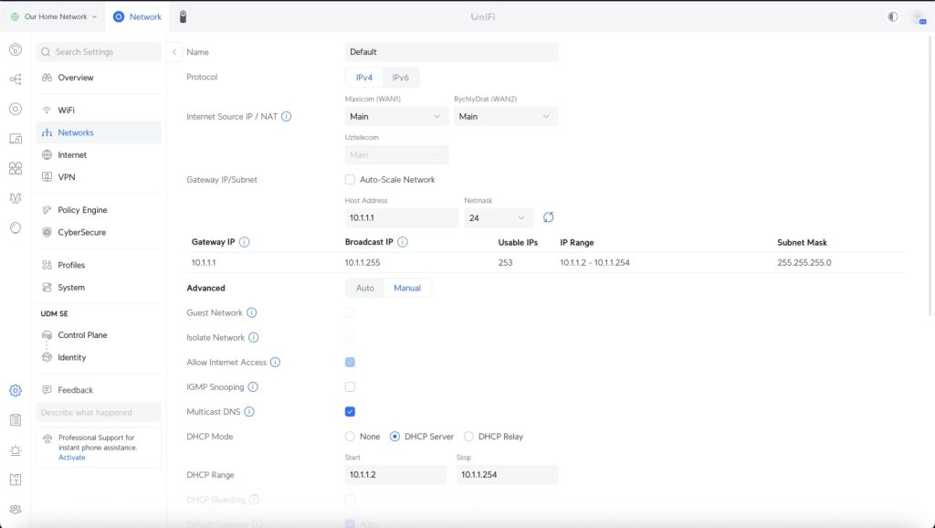 UniFi network configuration interface showing network settings for IPv4 including gateway IP, subnet mask, DHCP range, and advanced options like multicast DNS