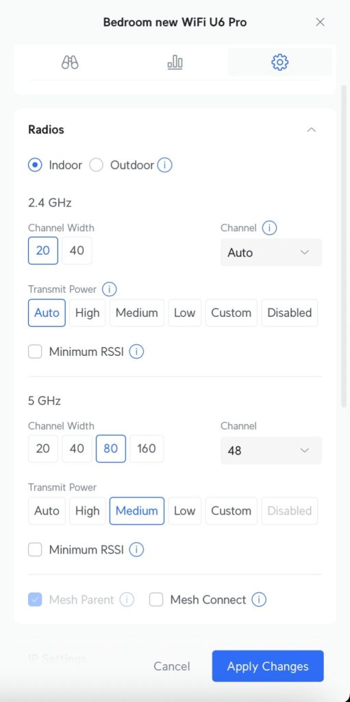 WiFi U6 Pro configuration settings interface showing radio settings for 2.4 GHz and 5 GHz including channel width, channel selection, transmit power, and options for indoor outdoor and minimum RSSI