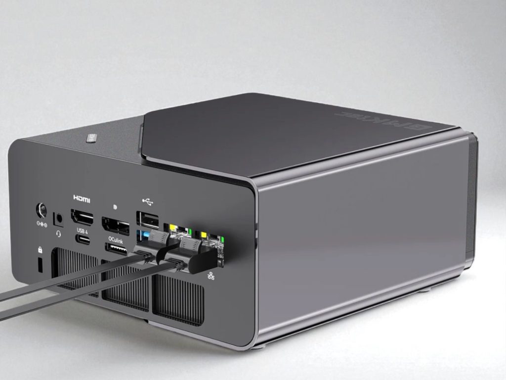 GMKtec K12 MiniPC. A sleek external GPU enclosure with multiple ports including HDMI, USB, and Ethernet connections